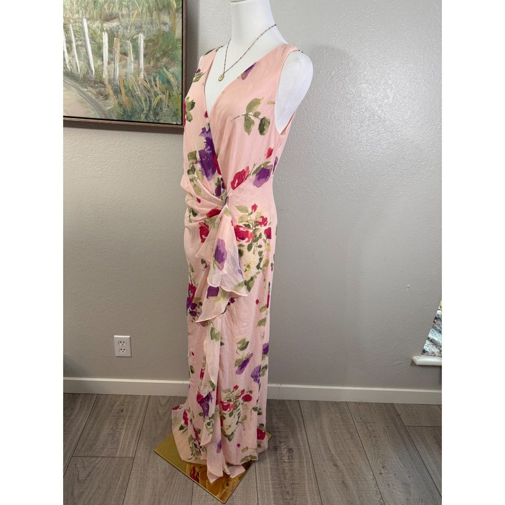 Lauren Ralph Lauren Pink Floral Maxi Dress Ruffle Brooch Romantic  Size 14 - Picture 6 of 7